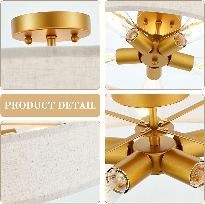 VILUXY Gold Semi-Flush Mount Ceiling Light Fixture 24" Large Modern Ceiling Light with Linen Fabric Drum Shade 5-Light Round Ceiling Lamp for Bedroom Dining Room Entryway