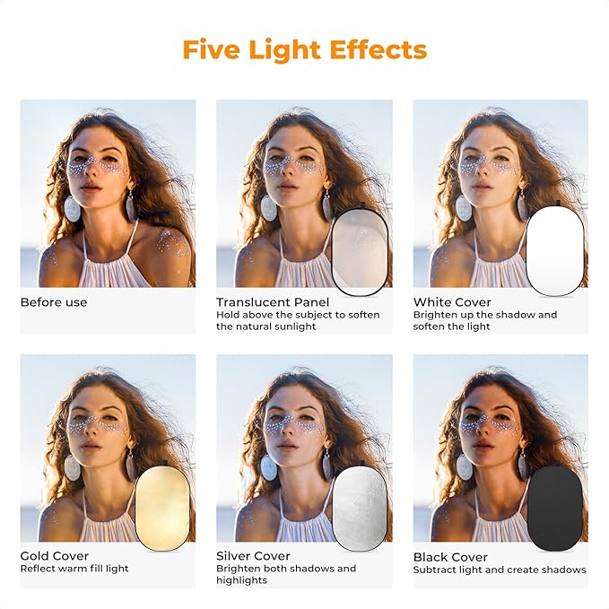 K&F CONCEPT 24" x36”(60x90cm) 5-in-1 Oval Foldable Reflector with Carrying Bag, Gold, Silver, Black, White Reflective Fabric and Translucent Soft Fabric for Studio Lighting