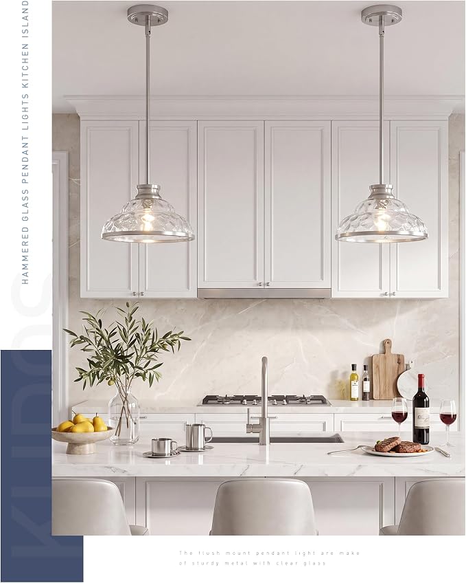 kudos 11 Inch Brushed Nickel Pendant Lights with Hammered Glass,KDPL14-BN-H | E26 Bulb Base, Hardwired, Farmhouse Styling, Adjustable Hanging Rods for Flat or Sloped Ceilings, for Kitchen Bars
