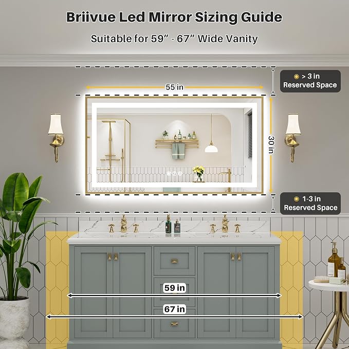 55x30 Inch LED Bathroom Mirror with Gold Frame, Backlit & Front Lit | Anti-fog, 3 Color Dimmable, Memory Function, HD Reflection Tempered Glass, ETL Listed, IP54 Waterproof