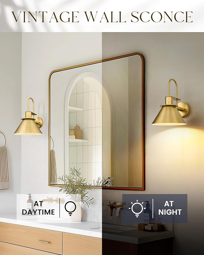 Wall Sconces for Bathroom Set of 2, HWH Wall Mount Lighting with Metal Shade, Indoor Gold Wall Lights for Living Room Mirror Kitchen, Gold Finish, 5HZG56BL-2 BG