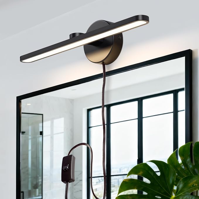 16" Plug in Bathroom Light Fixtures,Vanity Lights Bar,Picture Light | Modern Black,Non-Dimmable,3000K,with Switch,Indoor,Piano lamp,LED,Over Mirror,Wall Lights,for Bedroom/Art/Poster/Cabinet