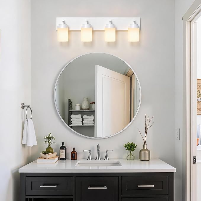 IZORRO Bathroom Vanity Light Fixture, 4-Light 30 Inch White Bathroom Light Fixtures Over Mirror, with White Glass Shade, Modern Farmhouse Vanity Lights, Rustic Restroom Lighting Fixtures