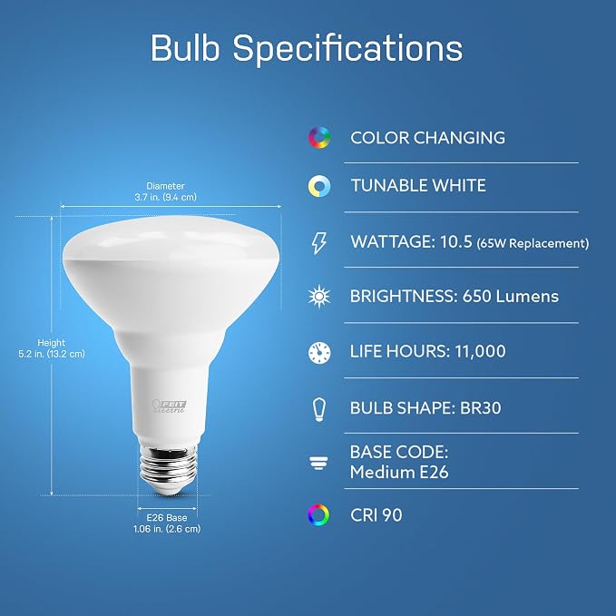Feit Electric BR30 Smart Flood Light Bulb,2.4GHz WiFi Color Changing and Dimmable, No Hub, Compatible with Alexa or Google Assistant, BR30/RGBW/CA/AG, 65W, Multi-Color (RGBW), 1 Count (Pack of 6)