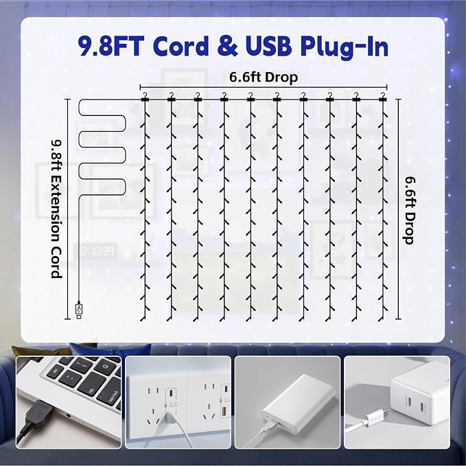 Curtain String Light, 200LED 6.6x6.6ft, Remote & 8 Modes, USB | Window Wall Hanging String Lights, For Bedroom, Wedding, Party, Home, Garden and Indoor Decorations, Blue
