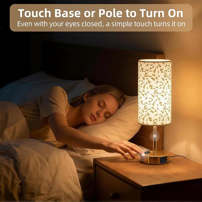 Table Lamp for Nightstand, High-Sensitivity Touch, 3-Level Dimmable Bedside Lamp with AC Outlet | USB | and USB-C, Ideal Night Stand Lamp for Bedroom, Reading, Living Room(Triangle&Gold)