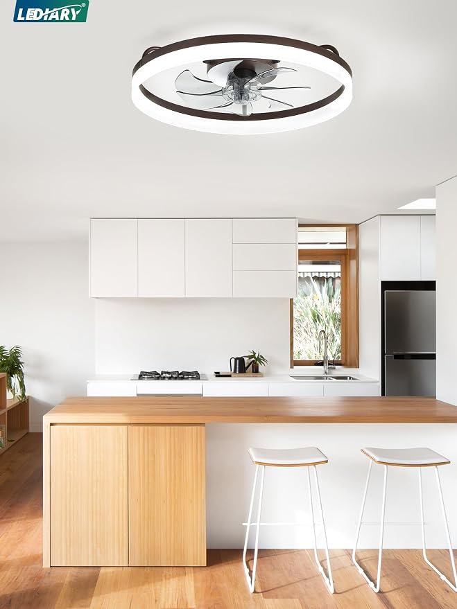 LEDIARY 20" Low Profile Ceiling Fans with Lights, APP & Remote, Brown | Flush Mount, Dimmable LED, Quiet DC Motor, Reversible, 6 Speeds, Fandelier, for Bedroom