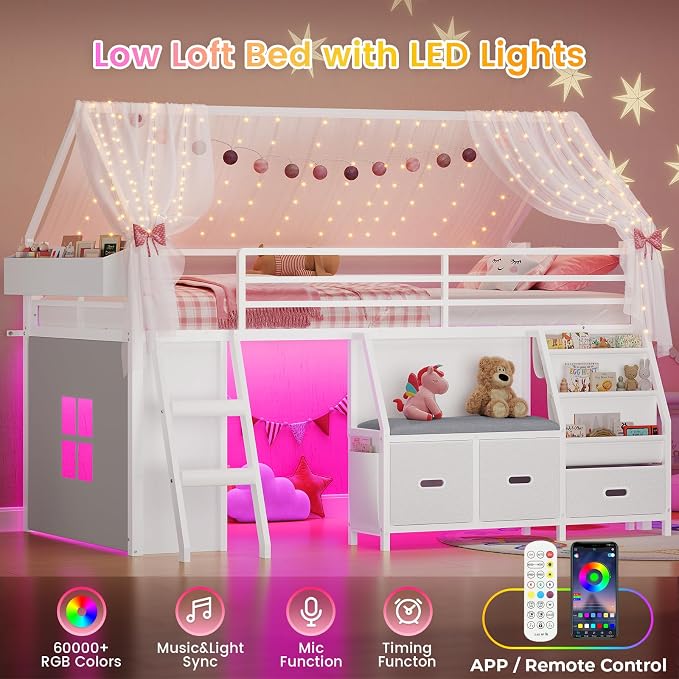 ADORNEVE Low Loft Bed Twin Size with Bookshelf, Reading Nook & 3 Drawers | Kids Loft Bed, LED, Storage Drawers, Beside Box, Under-Bed Play Space,Safety Guardrail, Inclined Ladde, Play Curtain, White