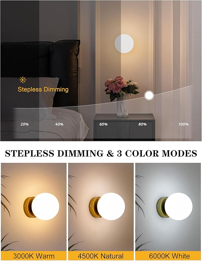 Battery Operated Rechargeable Wall Sconce Single, Brushed Gold Opal Glass Globe Wall Lamp, Wireless Touch & Remote Control, Dimmable 3 CCT + 12 RGB Colors for Bedroom Living Room Hallway