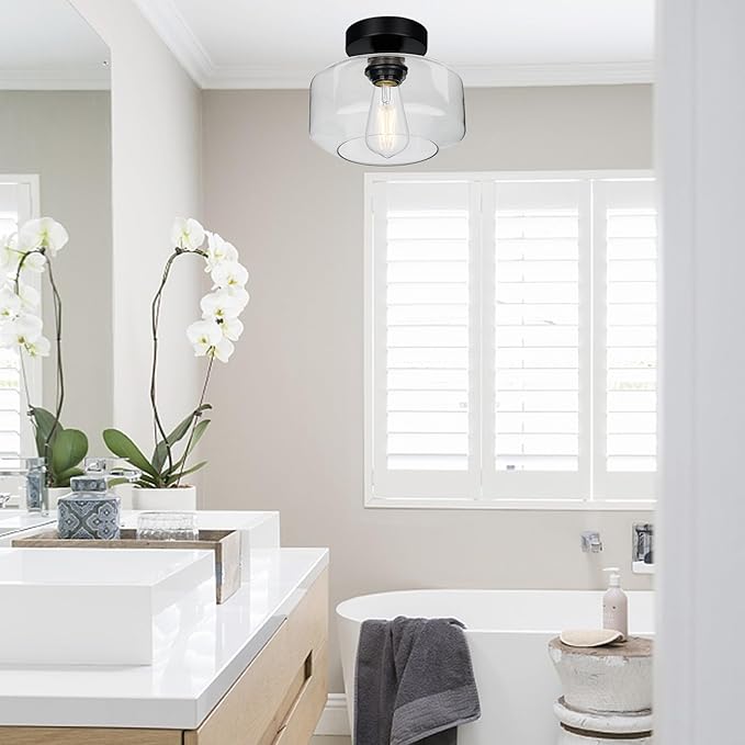 Industrial Semi Flush Mount Ceiling Light, 800 Lumen LED Bulb Included, Clear Glass Shade Ceiling Light Fixture, Farmhouse Light Fixture for Hallway Corridor Kitchen Bathroom Bedroom Passway