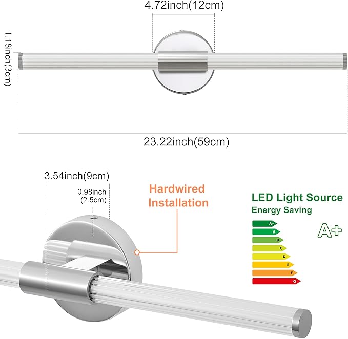 Bathroom Vanity Lights Chrome Dimmable LED 360° Full Lighting Bathroom Light Fixtures Over Mirror 23 inch Vanity Light Bar Hardwired Modern Wall Sconce 4000K Light for Bedroom Living Room