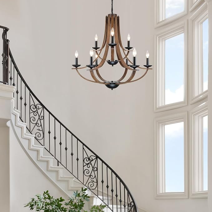 LAMPKEDUO Farmhouse Chandeliers for Dining Room Light Fixture,2 Tier 9-Light 31" Adjustable Height Retro Faux Wood Texture Rustic Light Fixtures for Living Room Bedroom Foyer Entryway