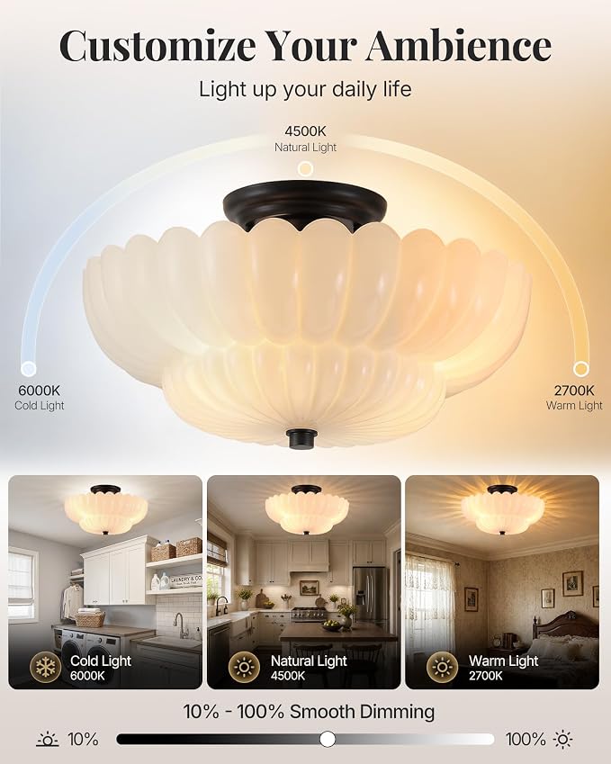 Semi Flush Mount Ceiling Light Fixture 14" Vinatge Black Ceiling Lights Mid Century Modern Milk White Glass Close to Ceiling Lighting Fixtures for Bedroom Hallway Kitchen Laundry Room Bathroom