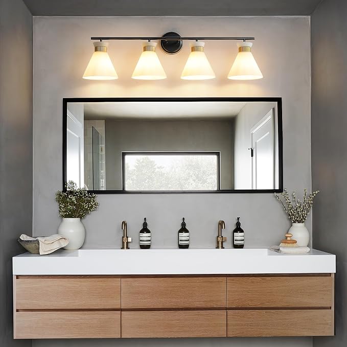 WOSHITU Bathroom Vanity Light Fixtures: 4-Light Mid Century Modern Vanity Lights for Bathroom Over Mirror, Black and Gold Wall Sconce Lighting with Frosted Milky Glass for Bath Bedroom