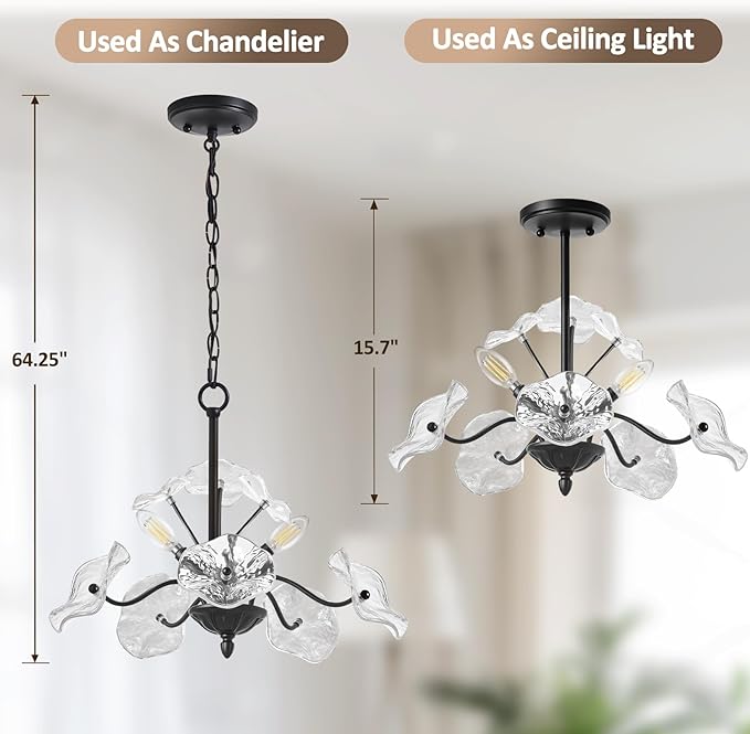 Luvkczc Black Chandelier,Vintage Flower Glass Pendant Light Fixture,Mid Century Ceiling Light Fixture for Dining Room, Kitchen, Living Room, Bedroom Hallway Porch,3 Lights