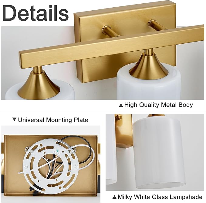ZHU YAN Bathroom Vanity Lights Over Mirror,Gold Bathroom Light Fixtures 3 Lights，Modern Wall Sconces Milky White Glass Shades for Mirror Living Room Bedroom Standard E26 Base