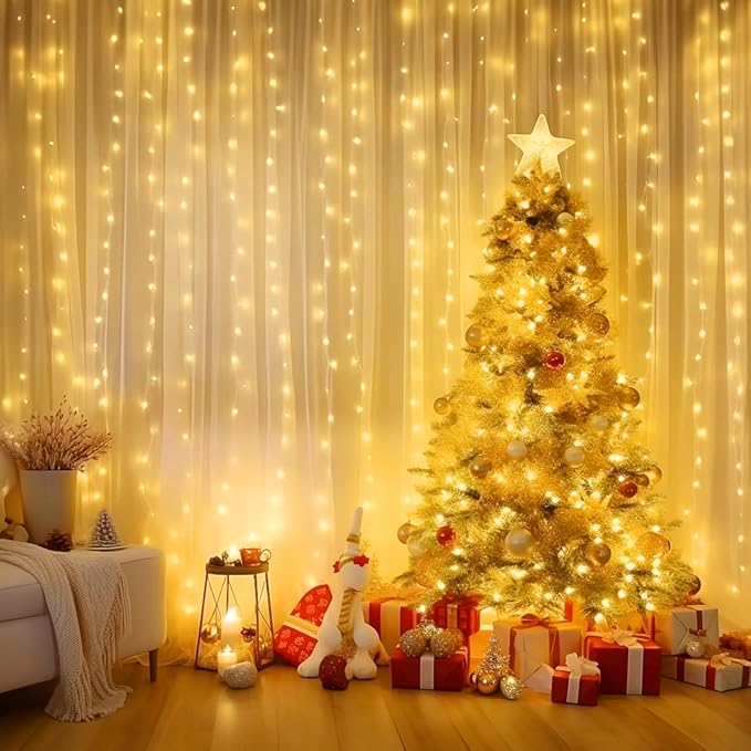 Minetom Curtain Lights, 300 LED Dimmable Fairy Lights with Remote and Timer, 8 Modes, USB Powered String Lights for Room Wall Party Xmas Indoor Decor, Warm White, 2 Pack