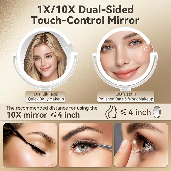 Makeup Mirror with Lights, 80 LED Dual-Sided Lighted Makeup Mirror with Magnification, Desk Mirror (1X/10X) with 3 Color (4000K-8000K) & Touch Dimmer, Rechargeable 2000mAh Battery, Gift for Women