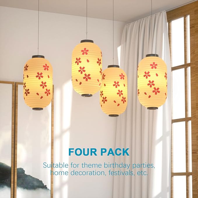 Traditional Japanese Style Beige White Silk Cherry Blossom Lantern 8 x 14 Inch, ZUEXT Set of 4 Waterproof Indoor Outdoor Festival Theme Birthday Party Home Yard Lanterns Japanese Eateries Decor