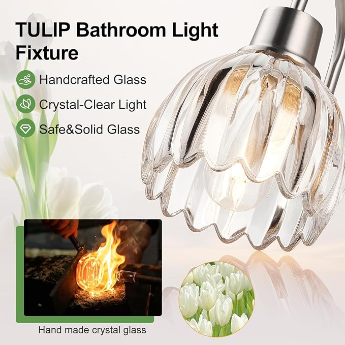 3-Light Bathroom Light Fixtures, 20" Vanity Light Over Mirror with Ribbed Clear Tulip Glass Shades, Brushed Nickel Wall Lights for Bathroom, Bedroom, Living Room, Hallway (Bulb Not Included)