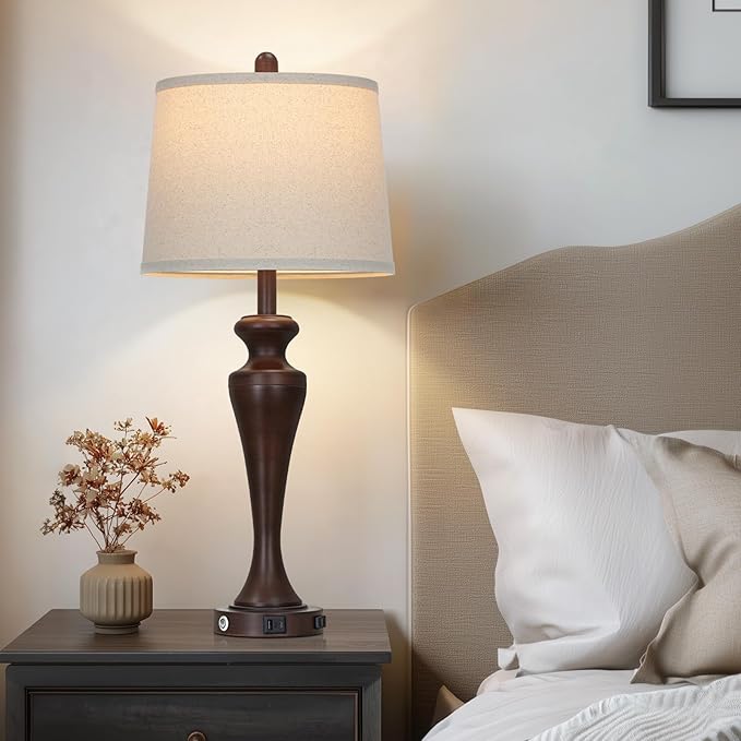 30" Brown Table Lamp Single, 3-Way Touch Control Bedside Lamp with USB A+C Ports and AC Outlet, Tall Living Room Lamps for End Table, Elegant Coffee Bedroom Lamps for Night Stand