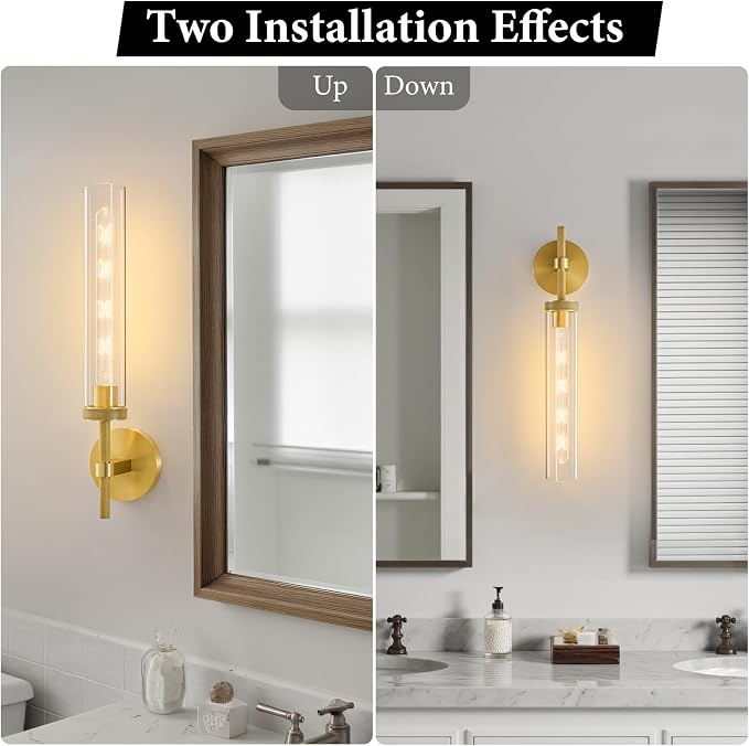 Brass Knurled Tube Wall Sconce - Luxury Modern Glass Sconces with Bulbs - Vertical Mounted Light Fixture - Gold Dimmable Indoor Lighting for Vanity Mirror Bathroom Bedroom Living Room Hallway
