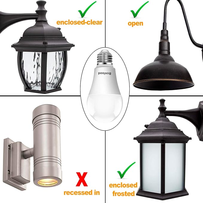 Boxlood Dusk to Dawn LED Light Bulbs, Built in Light Sensor, Plug and Play, 9W 6000K Cool White, 60W Halogen Equivalent, A19 E26 Base, AC120V, Auto On/Off Indoor Outdoor Lighting Bulb (2 Pack)