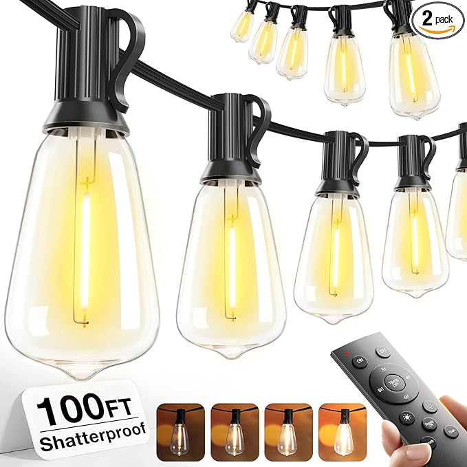 addlon 100FT LED Outdoor String Lights with Remote Waterproof Patio Lights with Shatterproof ST38 Replaceable Bulbs, Dimmable Outside Hanging Light Connectable for Porch, Backyard