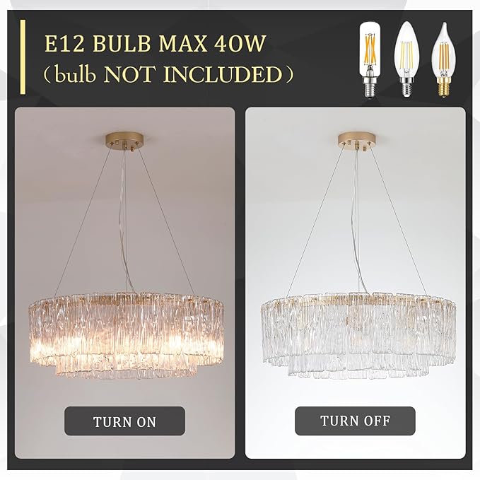 Gold Chandeliers 24”Modern Crystal Glass Round Chandelier 10-Light Drum Pendant Ceiling Light Fixtures Luxury 2 Tiers Hanging Chandelier for Dining Room Foyer Living Room Bedroom