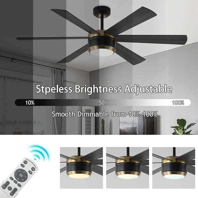 SHOWDI Ceiling Fan with Lights and Remote, 6 Blade App Control Timer Reversible Stepless Brightness and Color Temperature Outdoor Wood Ceiling Fan with Lights (Black-Gold, 56 Inch)