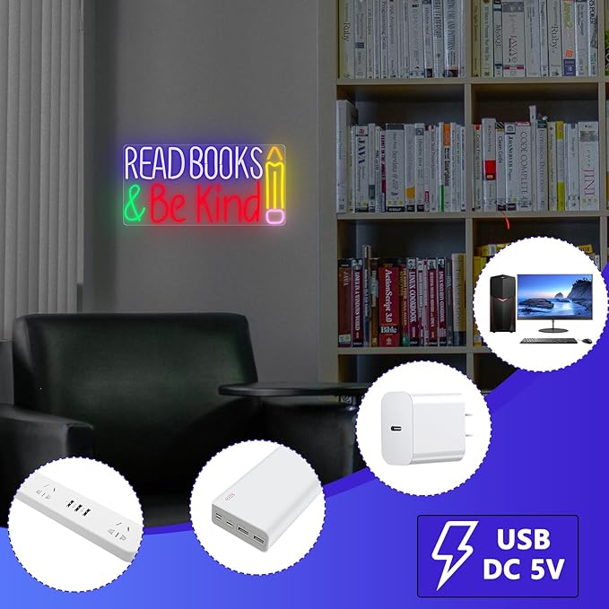 Read Books and Be Kind Neon Sign, Neon Signs for Wall Decor, Dimmable Led Signs for Bedroom, Light Up Signs for Reading Room Classroom Book Party Library Decoration Bookish Decor Gifts