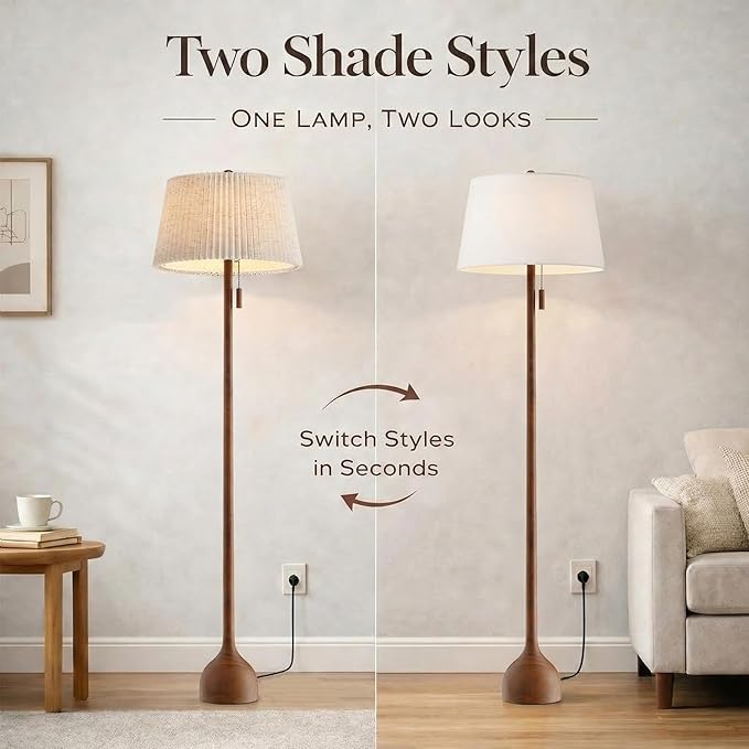 MOFFE Mid Century Modern Real Wood Floor Lamp with 2 Shades for Two Looks | 65" Tall,Sculptural Teardrop Base,Wooden Pull Chain,Vintage Standing Lamp,Linen Shades,Living Room,Bedroom, Bulb Included
