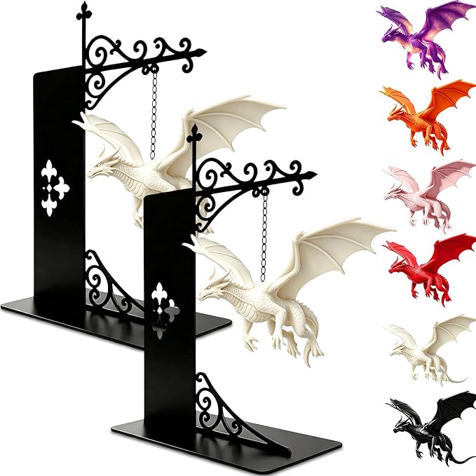 Magical Floating Dragon Bookshelf Lamp, Warm LED Dragon Night Light, Fantasy Gothic Bookend Decor, Reading Nook Ornament, Gift for Book Lovers & Fantasy Fans，White+White