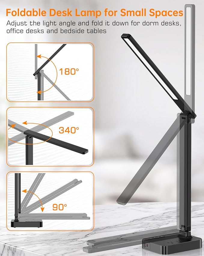 LED Desk Lamp for Dorm Office, USB-C & 2 AC Outlets Charging, Black | LED Desk Lamps for Home Office with 2 USB Charging Ports(1 USB-C), 2 AC Outlets, Foldable Small Desk Lamp for Study Reading