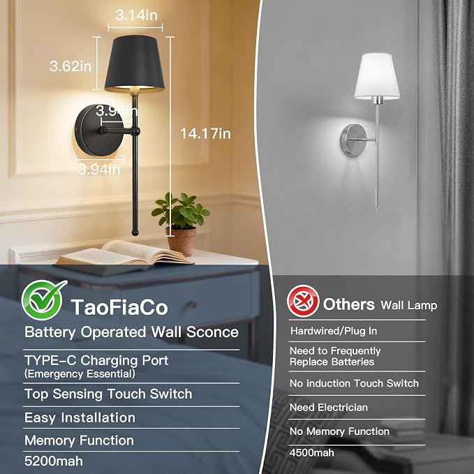TaoFiaCo Battery Operated Wall Sconces Set of 2,Wireless Wall Sconce Black | 5200mAh Rechargeable, Remote, Timer, Dimmable, Cordless Wall Light for Bedroom Living Room, Hallway, Light Decor