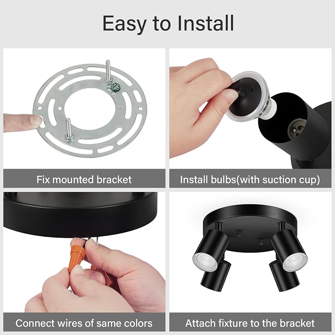 AUQUEE LED 4 Light Track Lighting Kit, LED Track Lighting Fixtures, Black Round Ceiling Spot Lighting, Flexibly Rotatable Light Head for Kitchen, Living Room, Bedroom, GU10 Bulb Not Included