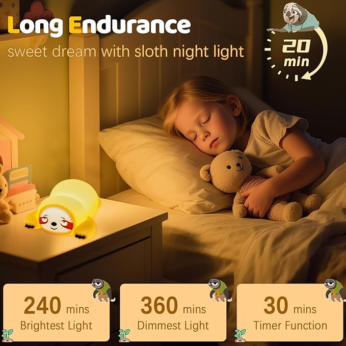 Cute Sloth Gifts Night Light, Funny Sloth Lamp, Rechargeable Squishy Dimmable Weird Nightlight, LED Novelty Animal Cute Stuff, Room Dorm Décor, Silicone Touch Light Up Sloth for Baby Kids