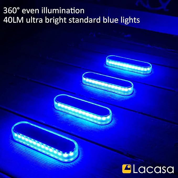 Lacasa Solar Deck Lights, 4 Pack 40LM Solar Powered Step Lights Blue Light, LED Dock Light Outdoor In-Ground Lights IP68 Waterproof Auto ON/Off for Garden Stairs Driveway Pathway Lighting