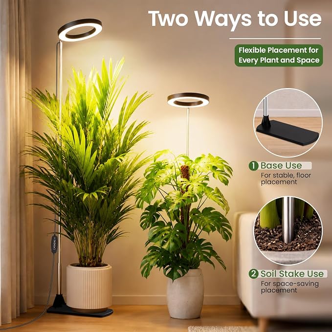 Grow Lights for Indoor Plants, 6.3" Full Spectrum Plant Light with Base | 59" Adjustable Grow Lamp For tall Large Plants, Base/Soil Stake, 6/8/12/16H Auto Timer, 3 Light Color, 5 Brightness, 2 Packs