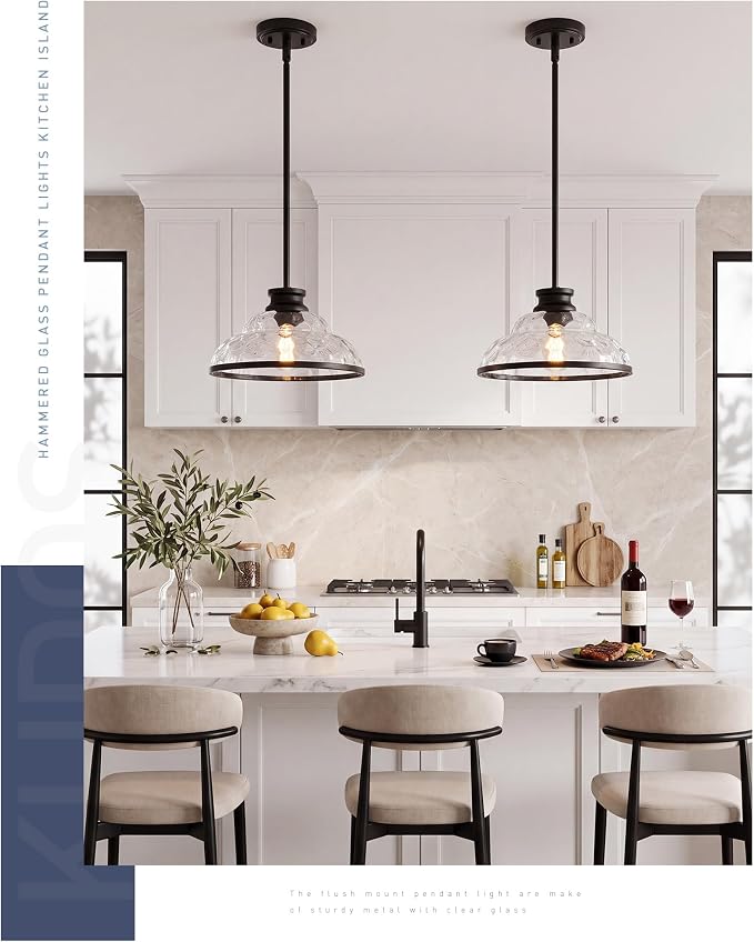 kudos 11" Black Pendant Lights with Clear Hammered Glass, KDPL14-BK-H-2PK | E26 Bulb Base, Hardwired, Farmhouse Styling, Adjustable Hanging Rods for Flat or Sloped Ceilings, for Kitchen Bars