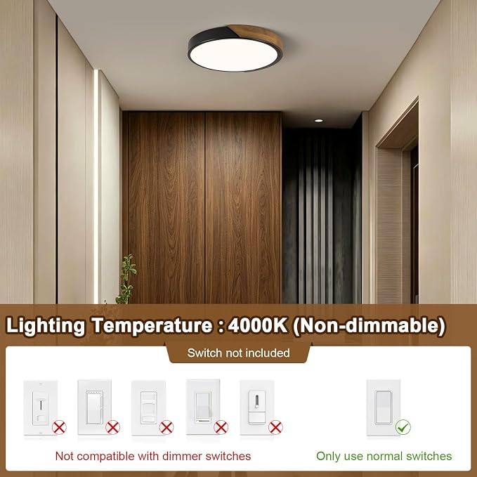 Modern LED Ceiling Light, Brown Walnut Wood Flush Mount Ceiling Light Fixture, 4000K Not Dimmable, Minimalist Circle Lighting Lamp with Acrylic Lampshade for Bedroom Laundry Room Hallway 11.8"