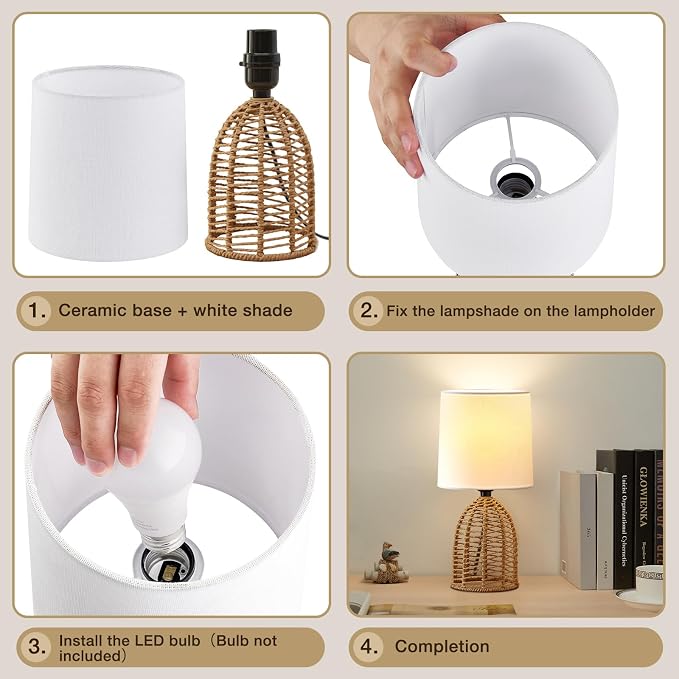 EJIAXIN Rattan Lamp Boho Lamps Set of 2-13.75" Mini Farmhouse Table Lamp Rustic End Table Decorative Small Lamps for Small Spaces Bedroom Nightstand Living Room Reading Desk Side Table Lamp