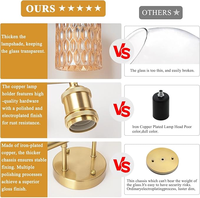 Bathroom Vanity Light, Gold Wall Fixture Over Mirror, Amber Glass Shade Lighting with Bulbs Included for Bedroom & Living Room, 2-Lights