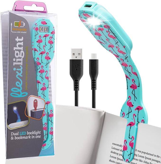 Gifts for Readers & Writers Rechargeable Book Light, Clip On Reading Light for Bed, 2in1 Flexilight & Bookmark, 12 Hours of Light Once Charged, Includes USB Cable & 2 LED Lights, Flamingo