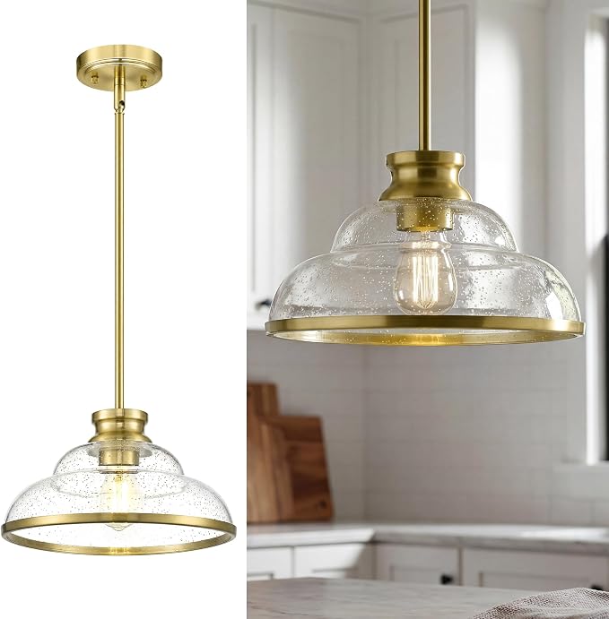 kudos 11" Gold Pendant Light with Seeded Glass Shade, KDPL14-GD | E26 Bulb Base, Hardwired, Farmhouse Styling, Adjustable Hanging Rods for Flat or Sloped Ceilings, for Kitchen Bars