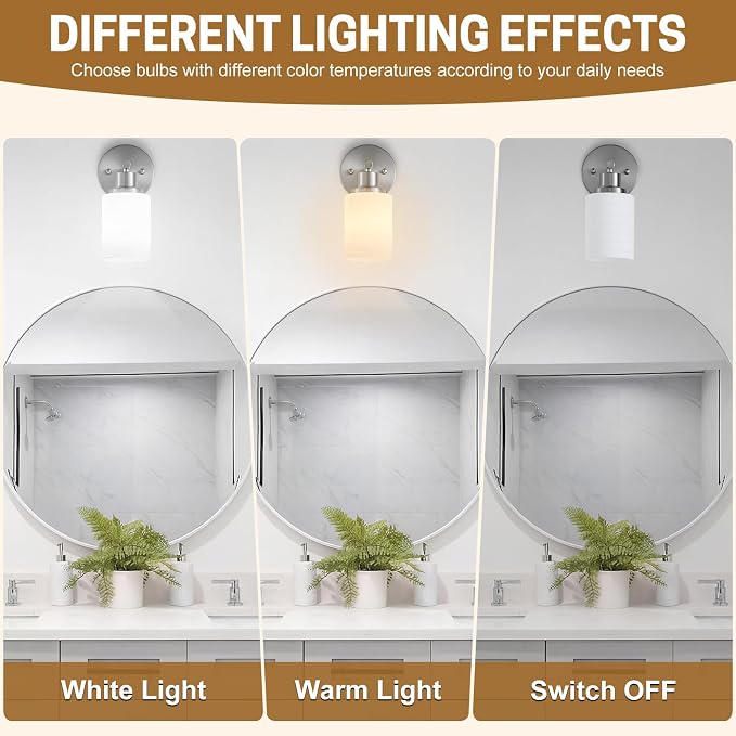 2-Pack 1-Light Vanity Lights, Brushed Nickel Bathroom Light Fixture with Textured Milky White Glass Shade, E26 Modern Vanity Lighting Fixture for Bathroom Wall Sconce