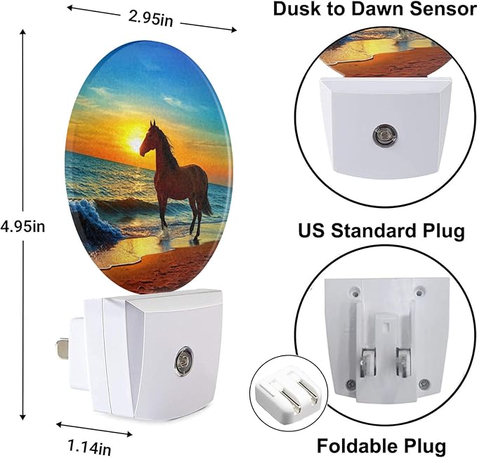 Beautiful Sunset Nightlight Brown Horse Running by The Sea Night Lights Plug into Wall Dusk to Dawn Sensor Round Night Light for Adults Boys Girls, 0.5W Energy Efficient
