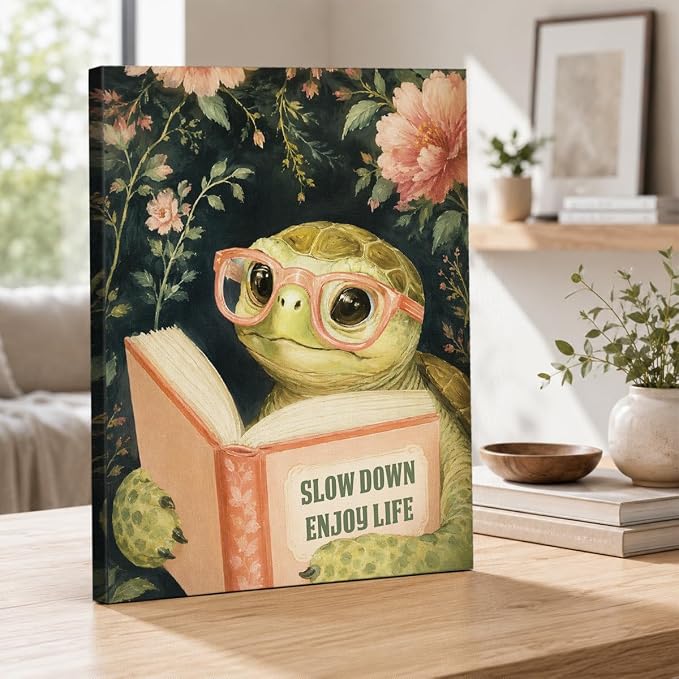 NSFBESSLIA Funny Reading Turtle Painting, Whimsical Floral Animal Decor, Slow Down Enjoy Life, Vintage Cottagecore Wall Art for Living Room Bedroom Entryway, 8x10 Inch