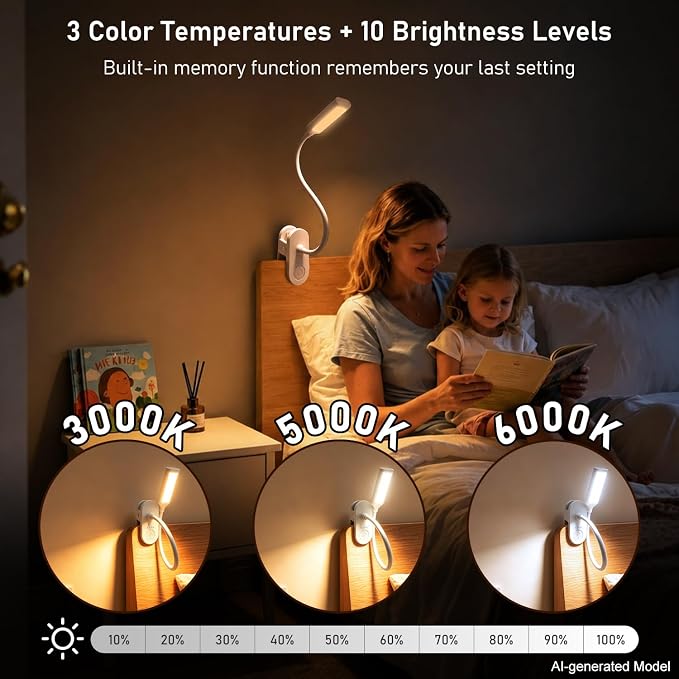 Clip on Light, Desk Lamp with Clamp for Bed, Home Office, Craft (White) | Cordless LED Reading Light with 3500mAh Rechargeable Battery, 3 Color Modes, 10 Brightness Levels, 14-inch Adjustable Neck