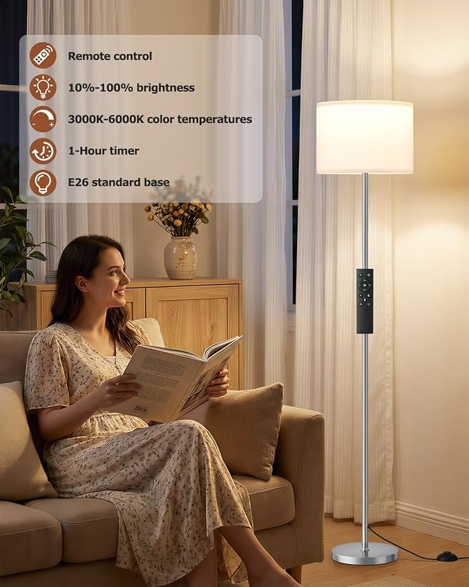 Dimmable Floor Lamp for Living Room with Remote, 9W 900LM LED Bulb Included, White Shade Silver Pole